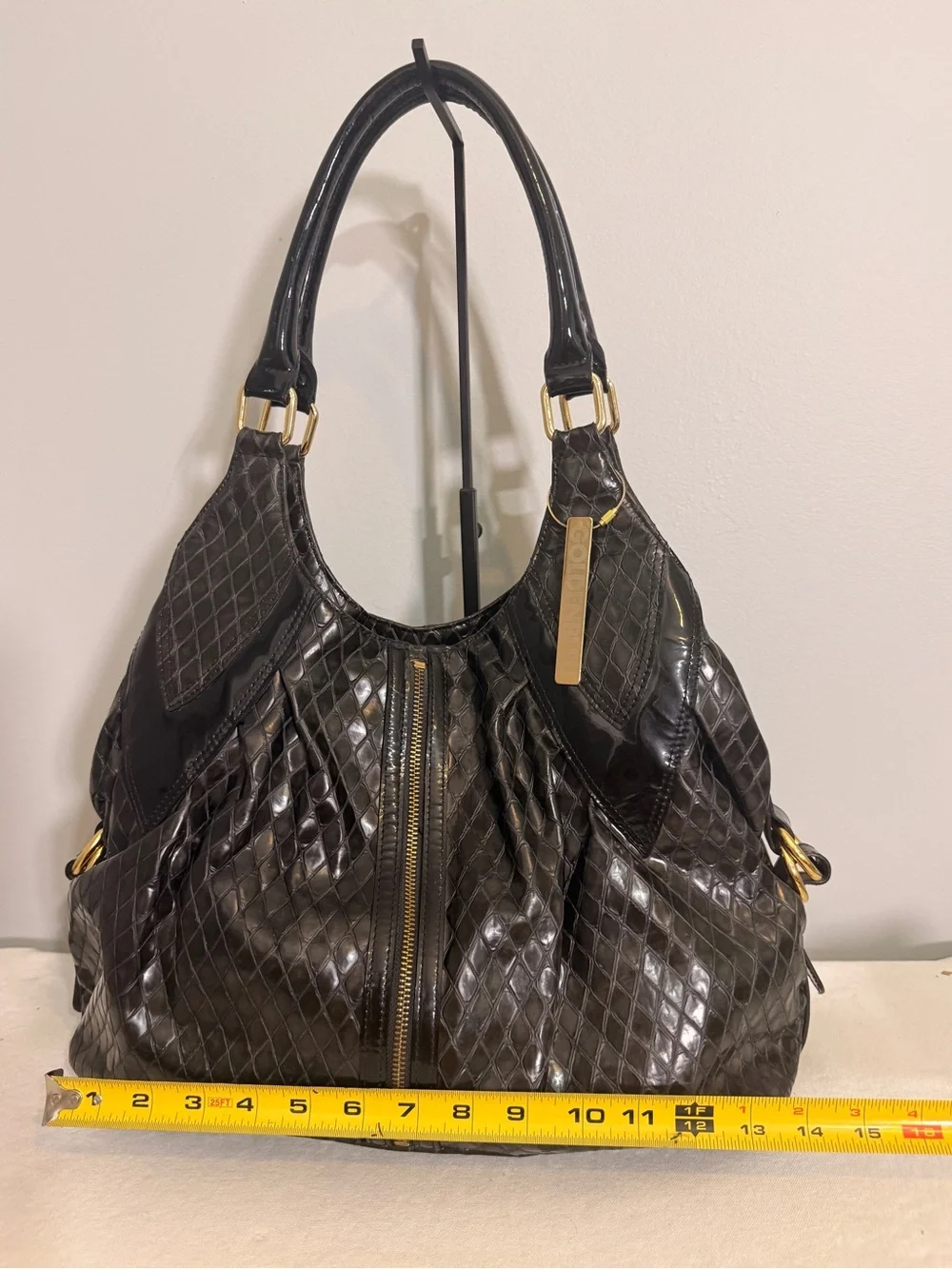 Goldenbleu Hobo Shoulder Bag Black Patent Leather Diamond Quilted Y2K